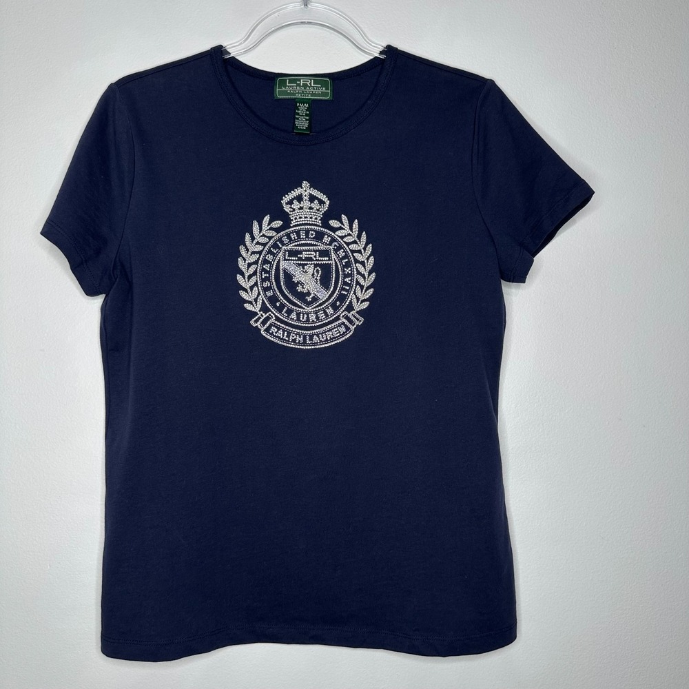 Ralph Lauren Active T-Shirt Size PM Navy Blue Beaded‎ Crown Crest Preppy